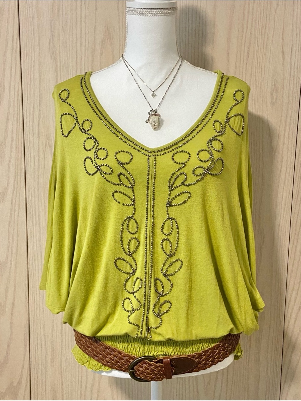 Vintage Y2K Style & Co. Shirt Women’s Medium Chartreuse Beaded Fairy Blouse Boho